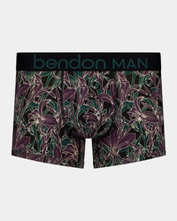 Retros Print Mens Trunk in PLUM MORRIS PRINT. Flat lay front view