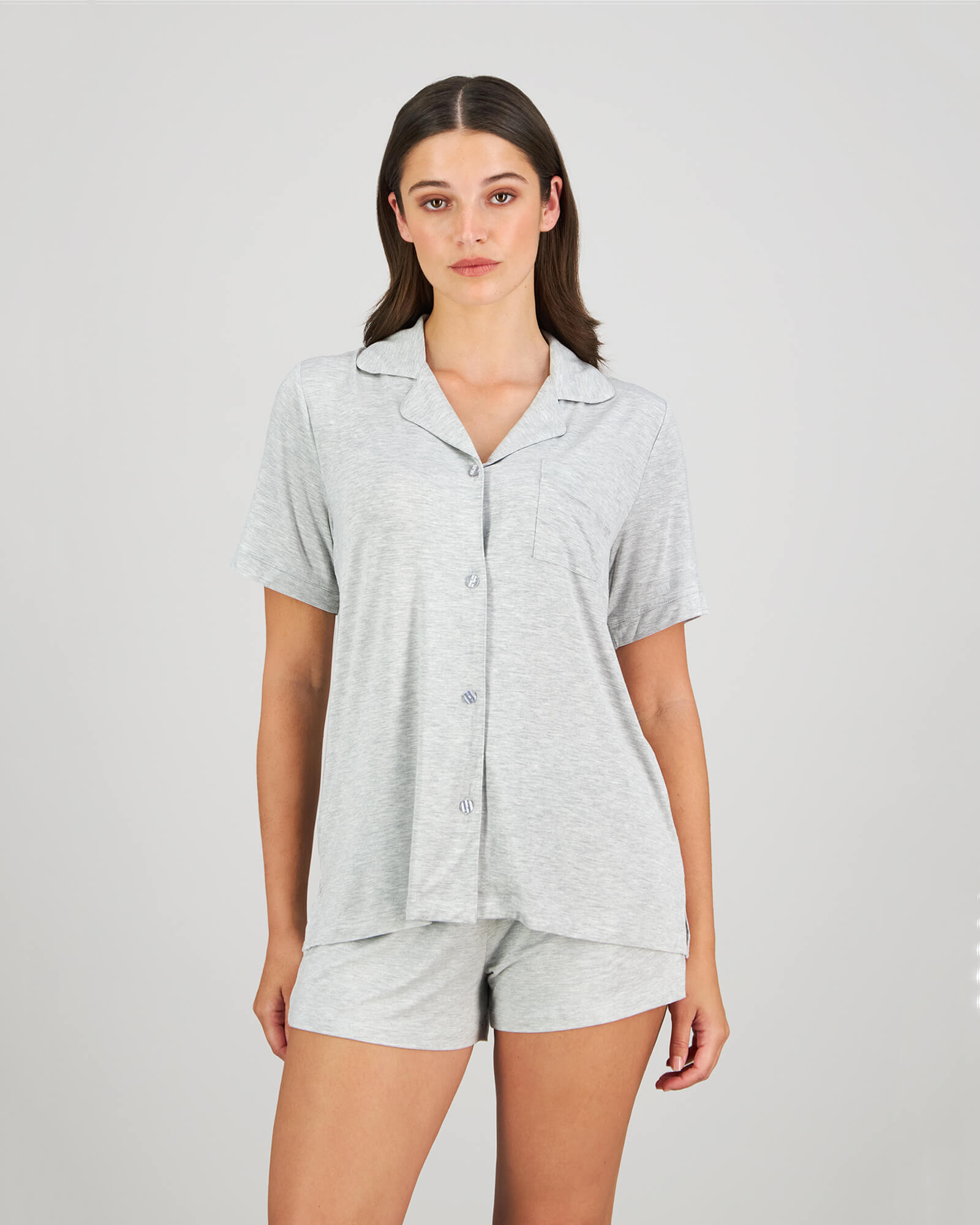Model wears Belle Bamboo Short PJ in LIGHT GREY MARLE. On body front view