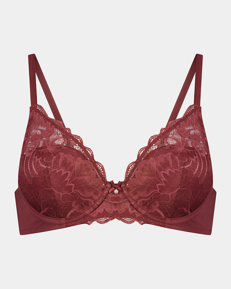 Embrace Contour Bra in OXBLOOD RED. Flat lay front view