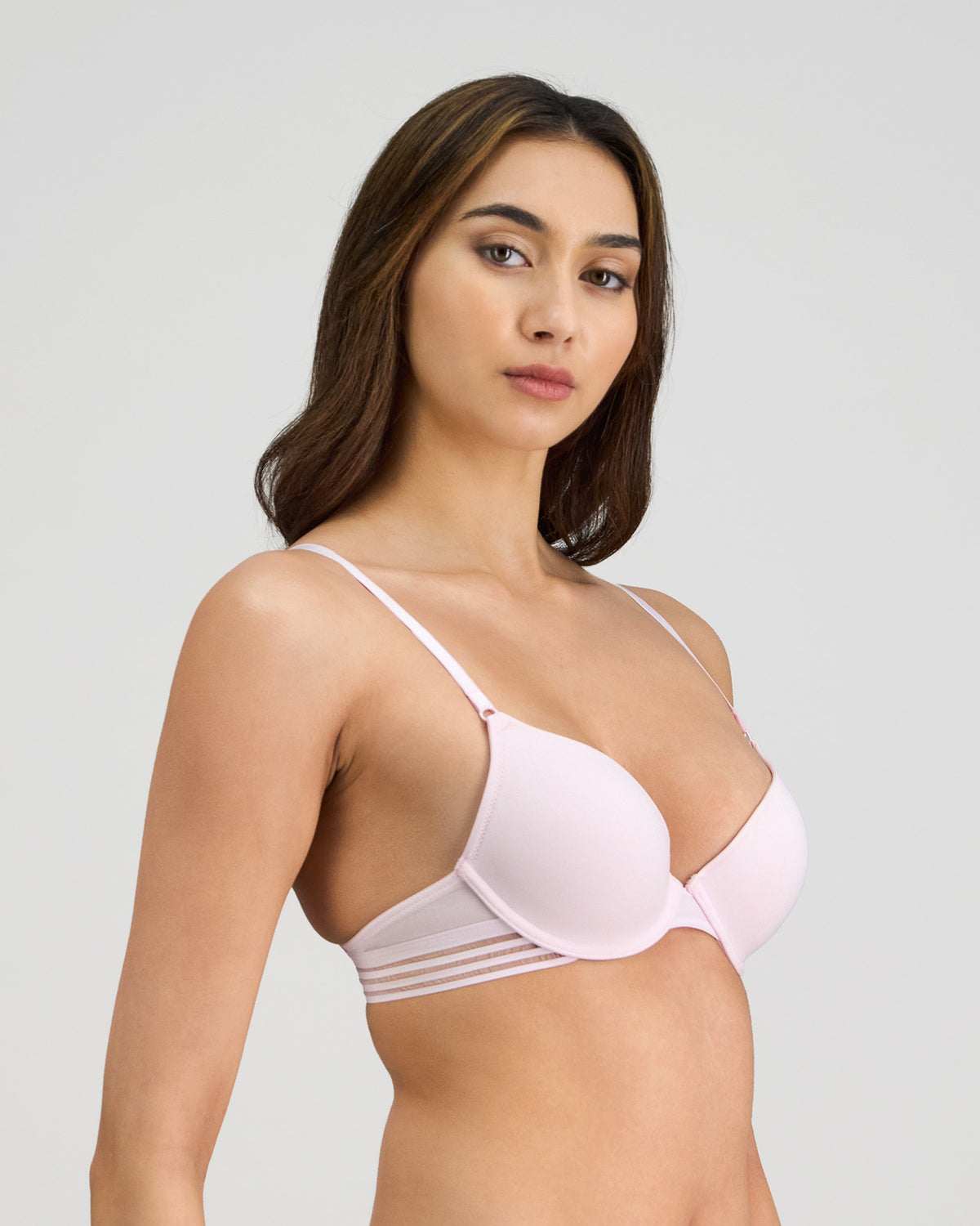 Model wears Stripe Elastic & Papertouch Push Up Bra in FESTIVAL BLOOM. On body side view