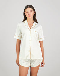 Model wears Holly Short PJ in IVORY. On body front view