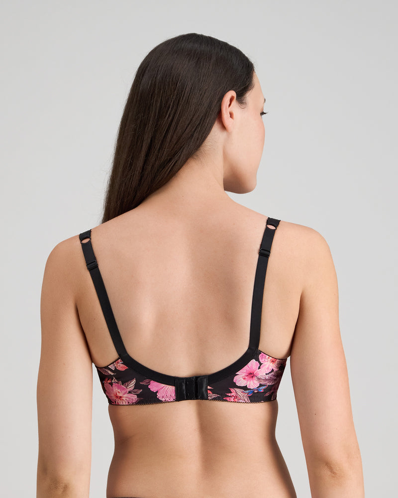 Model wears Wild Violet Underwire Bra in TANGLED GARDEN PRINT. On body back view
