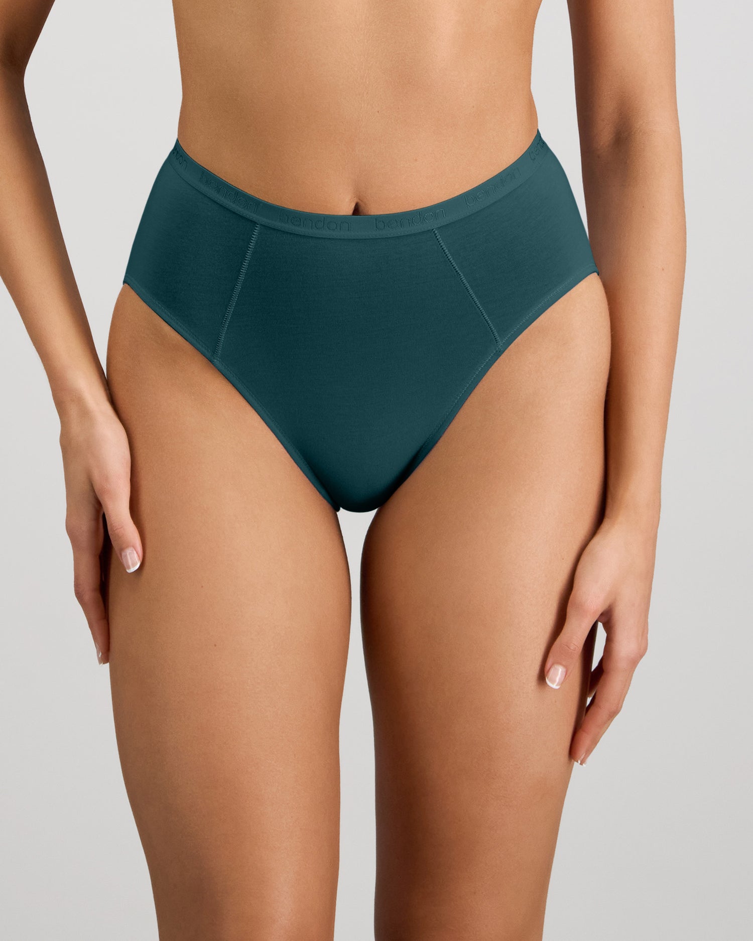 Model wears Body Cotton High Cut Brief in MEDITERRANEA. On body front view