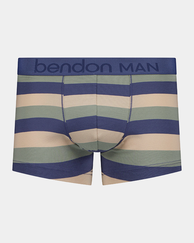 Rugby Stripe Mens Trunk in INDIGO/ICEBERG/SMOKE. Flat lay front view