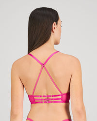 Model wears Heritage Bloom Push Up Front Opening Bra in FANTASY FUCHSIA. On body back view