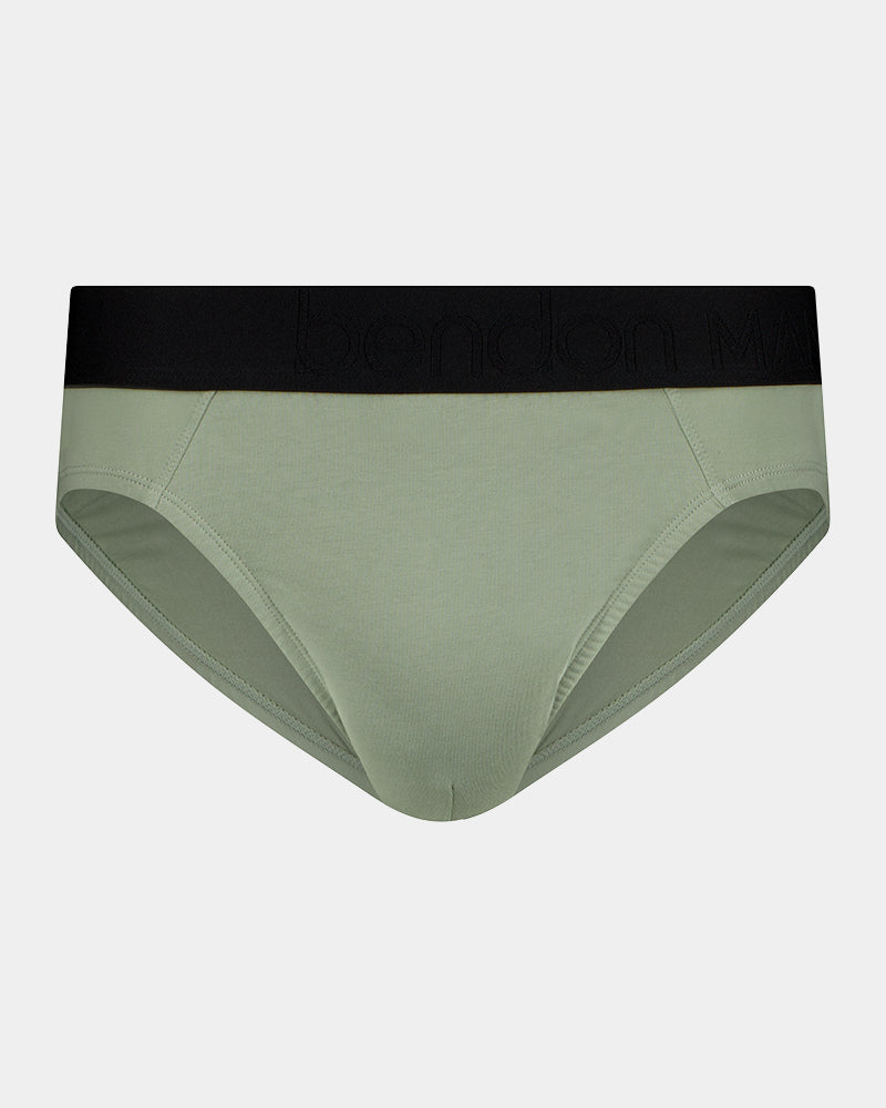 Everyday Essential Mens Brief in ICEBERG GREEN. Flat lay front view