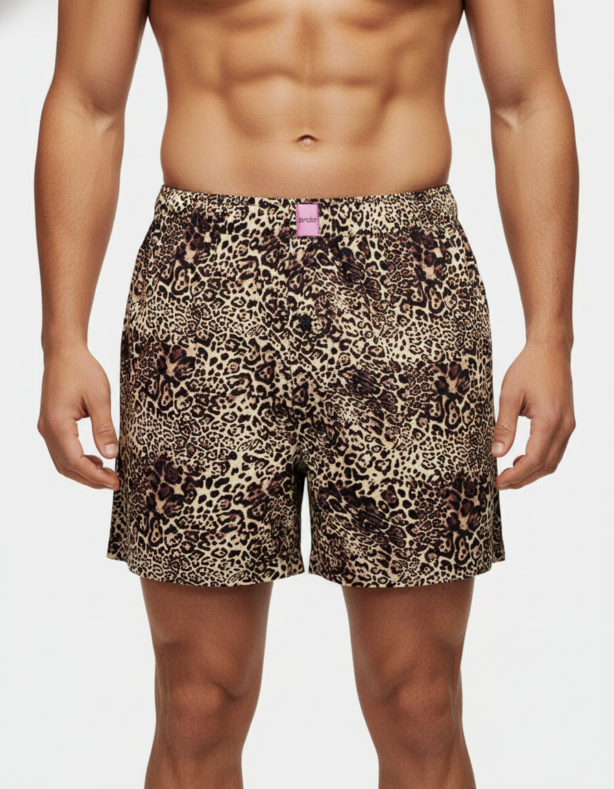 Sleigh The Night Boxer in WILD LYNX PRINT. Flat lay front view