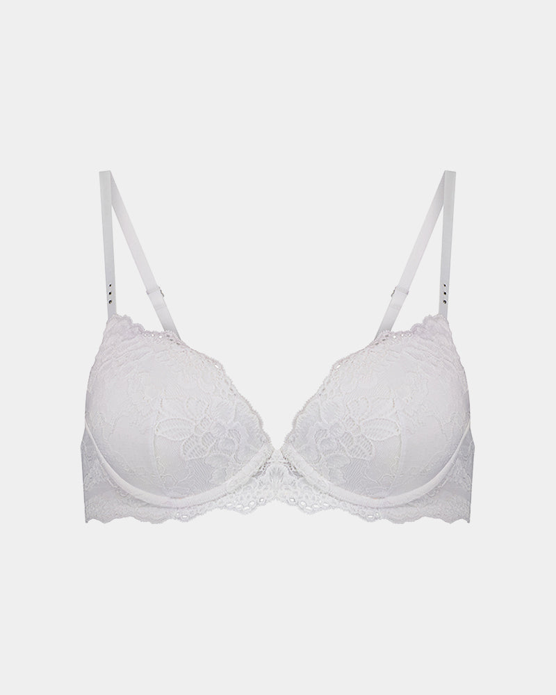 My Fit Lace Push Up Bra in WHITE. Flat lay front view