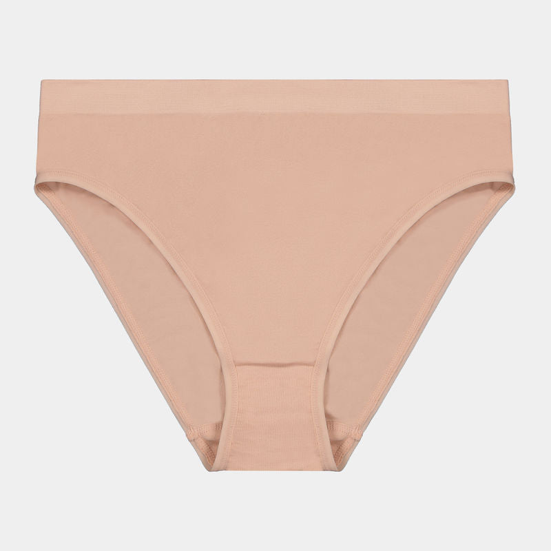 Seamless High Cut Brief in LATTE. Flat lay front view