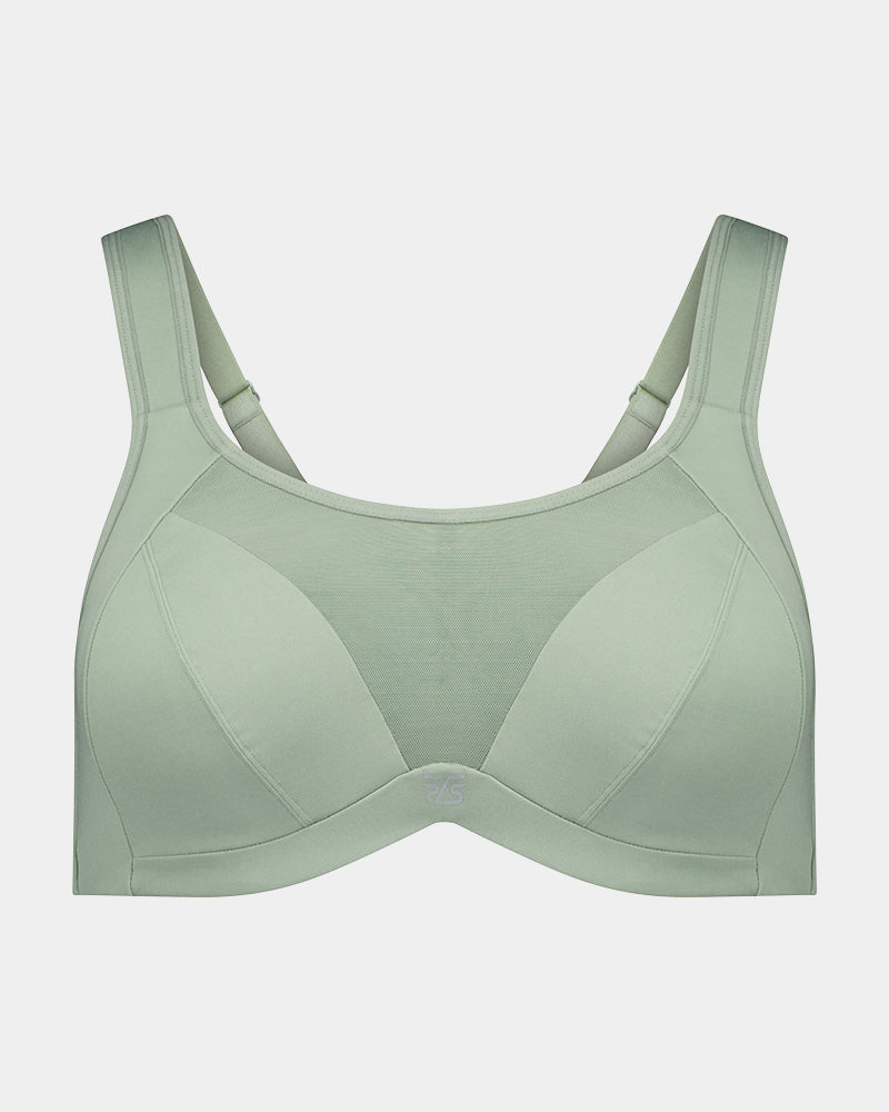 Power Underwire Bra in ICEBERG GREEN. Flat lay front view
