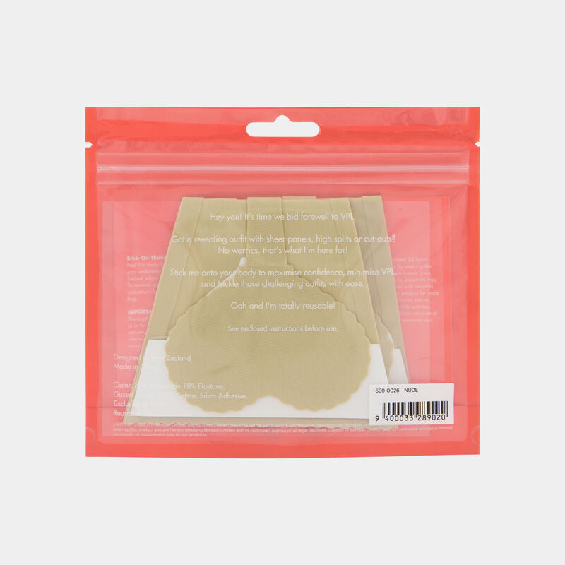 Model wears Stick On Thong 2Pk in Nude. On body side view