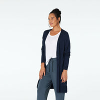 Model wears Halley Cardigan in REFLECTING POND. On body front view