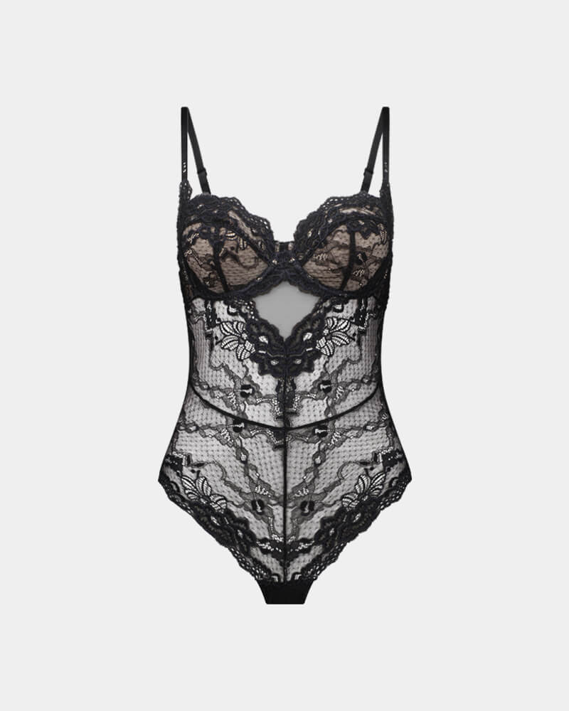 My Fit Lace Bodysuit in BLACK. Flat lay front view
