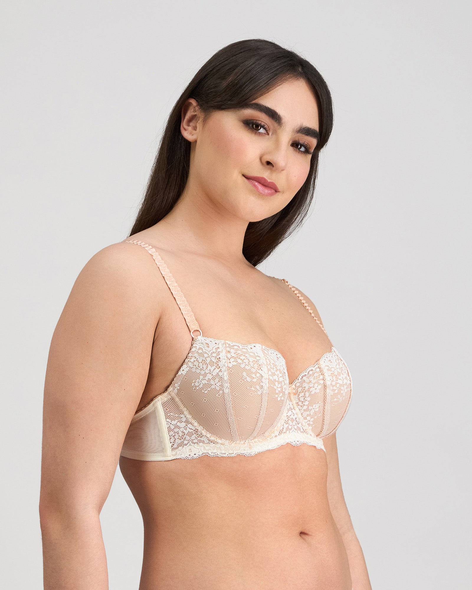 Model wears Sofia Contour Bra in CAMEO. On body side view