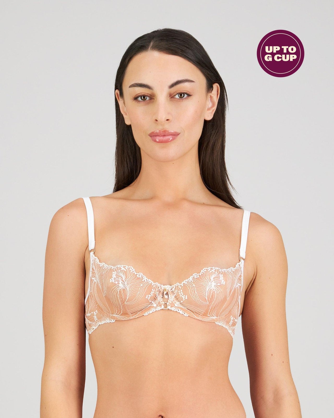 Model wears Eros Underwire Bra in SUGAR. On body front view