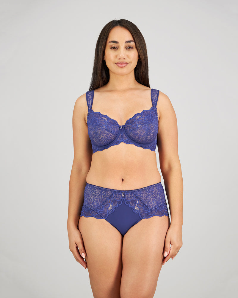 Midnight Express Underwire Bra in BLUE RIBBON. Flat lay back view
