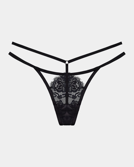 Nyx Thong in BLACK. Flat lay front view