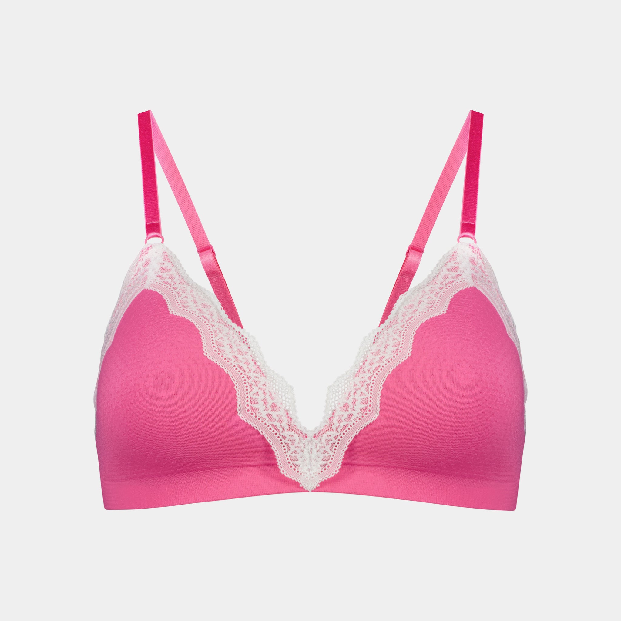 Nikki Wire Free Bra in SHOCKING PINK/WHITE. Flat lay front view
