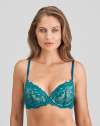 Model wears My Fit Lace Push Up Bra in EVERGLADE. On body front view