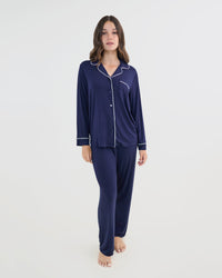 Bamboo Bliss Long Sleeve PJ Top in NAVY BLAZER. Flat lay back view