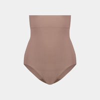Medium Control High Waisted Brief in MOCHA. Flat lay front view