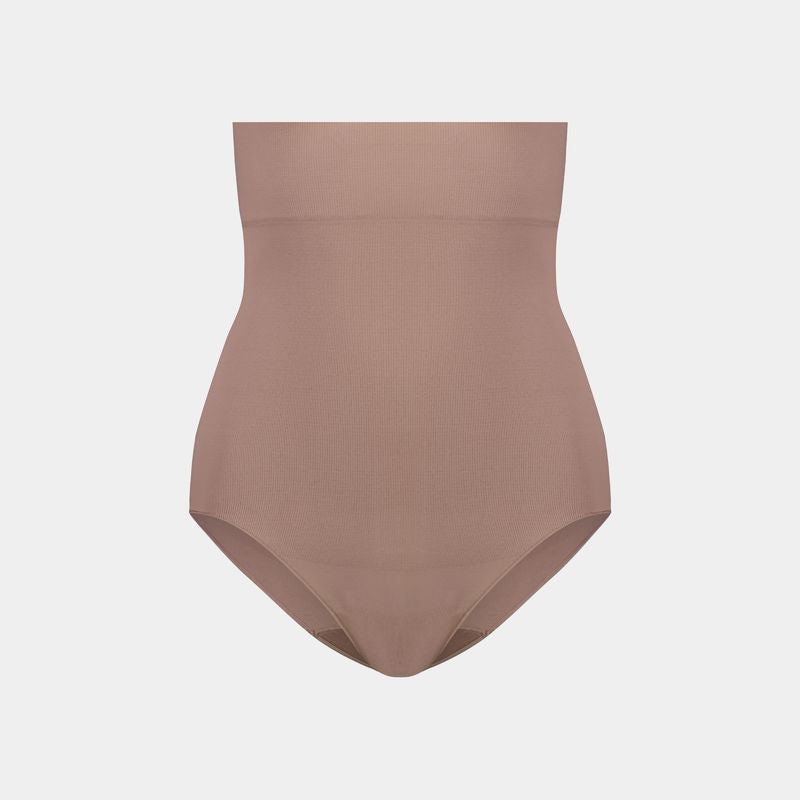 Medium Control High Waisted Brief in MOCHA. Flat lay front view