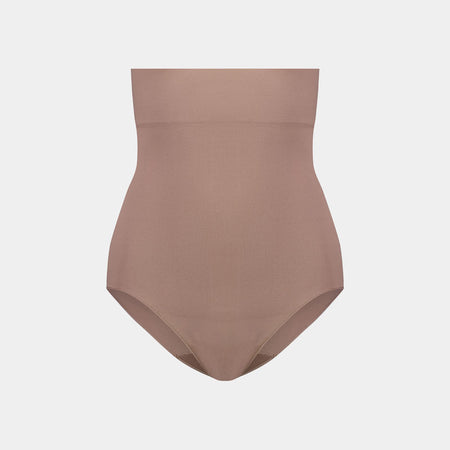 Medium Control High Waisted Brief in MOCHA. Flat lay front view