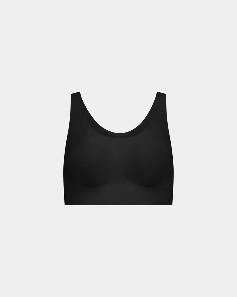 Comfit Collection Crop Top in BLACK. Flat lay front view