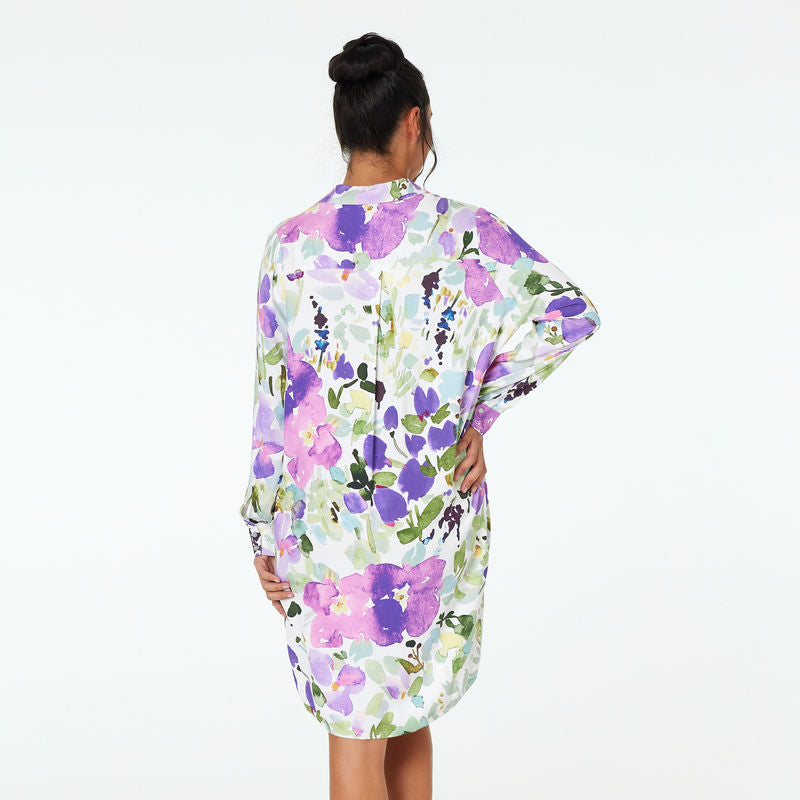 Model wears Aries Nightshirt in MONET FLORAL PRINT. On body back view