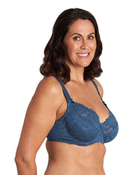 Model wears Alice Underwire Bra in BLUE WING TEAL. On body side view