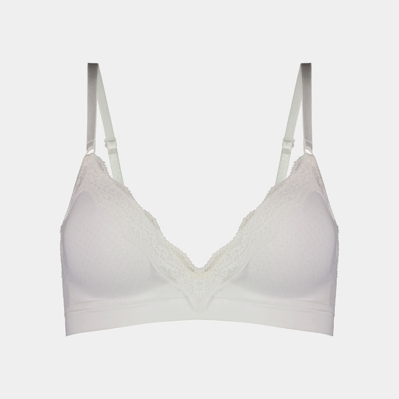 Nikki Wire Free Bra in WHITE. Flat lay front view