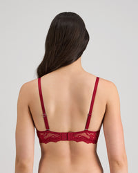 Model wears My Fit Lace Push Up Bra in JESTER RED. On body side view