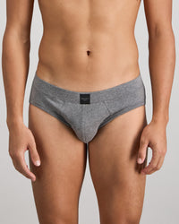Model wears High Tech Cotton Mens Brief in GREY MARL. On body front view