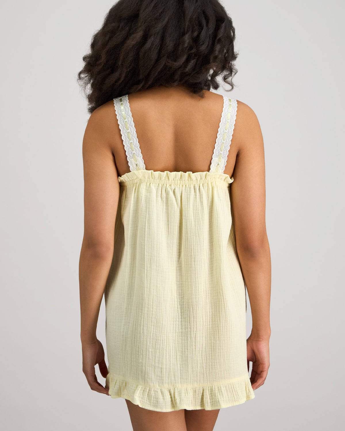 Model wears Bonbon Babydoll in TRANSPARENT YELLOW. On body back view