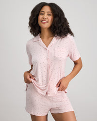 Belle Bamboo Short Pj Set in PALE LILAC/FIG. Flat lay back view
