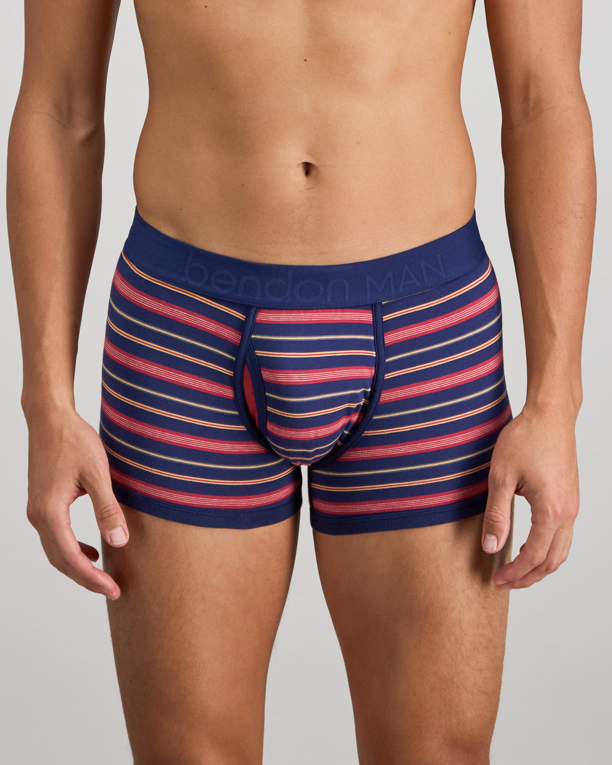 Model wears Bold Stripe Mens Trunk in MEDIEVAL/GARNET STRIPE. On body front view