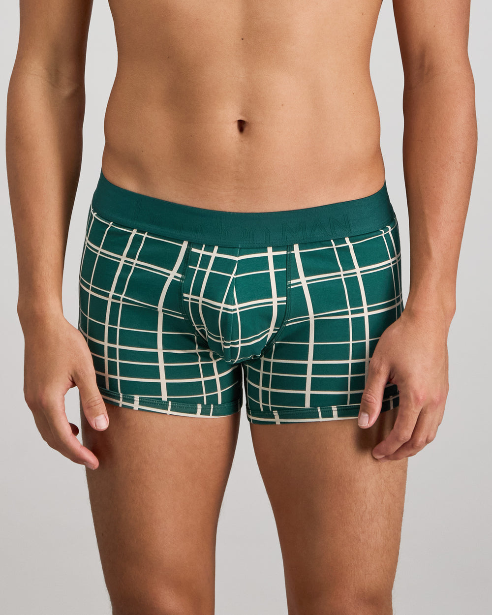 Model wears Retros Print Mens Trunk in RAIN FOREST GRID PRINT. On body front view