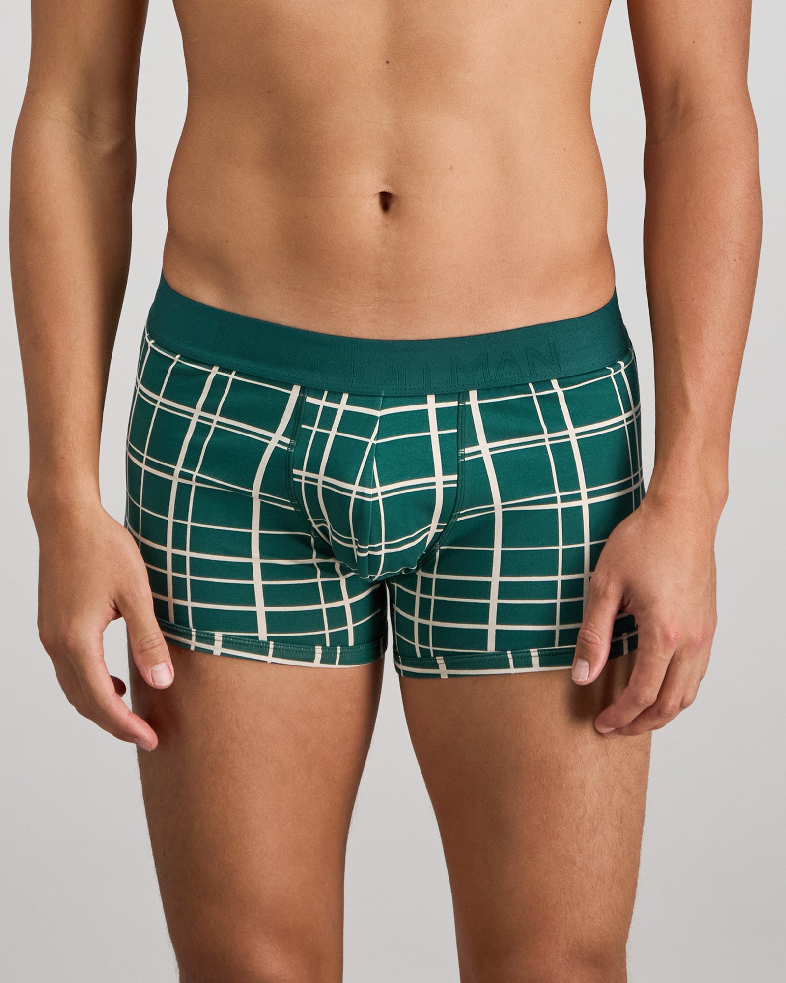 Model wears Retros Print Mens Trunk in RAIN FOREST GRID PRINT. On body front view