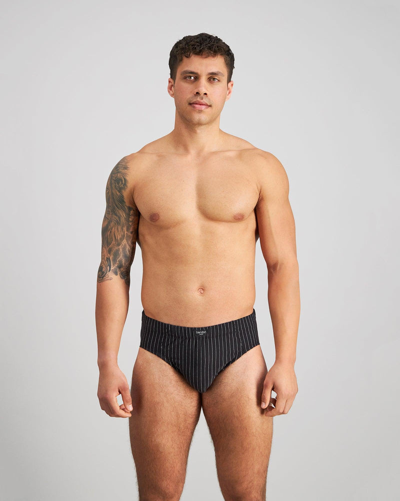 Cotton Stretch Mens Brief in BLACK PINSTRIPE. Feature shot