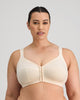Model wears Ultimate Comfort Front Closure Wire Free Front Opening Bra in PINK CHAMPAGNE. On body front view