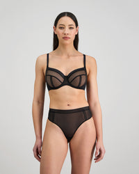 Sheer Essence Thong in BLACK. Flat lay back view
