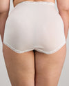 Model wears Nylon Tricot Full Brief in WHITE. On body back view