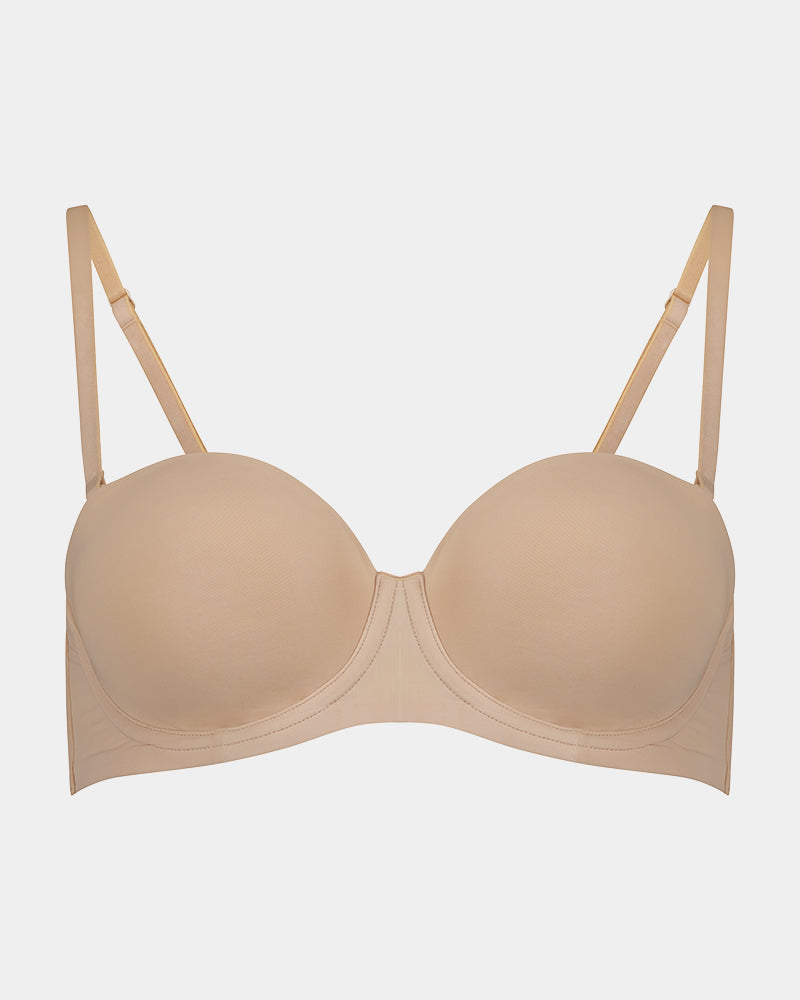 Bendon Essentials Strapless Bra in LATTE. Flat lay front view