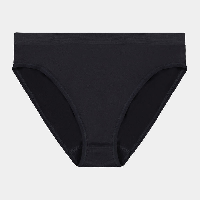 Seamless High Cut Brief in BLACK. Flat lay front view