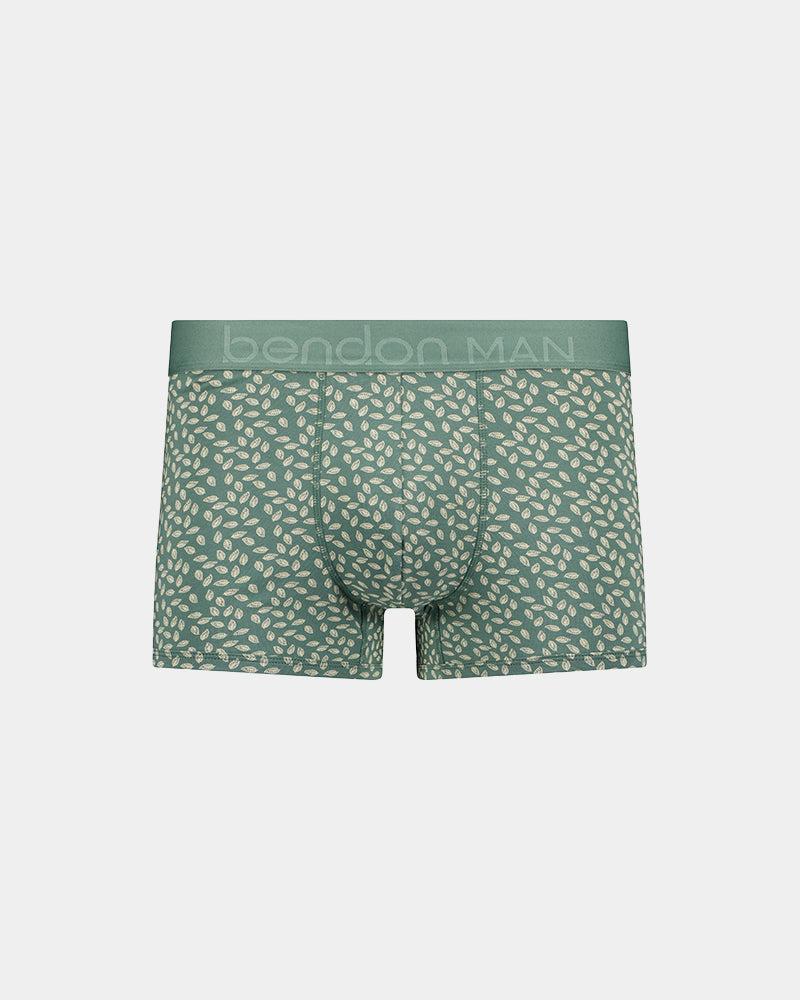 Retros Print Mens Trunk in DITZY LEAF PRINT. Flat lay front view