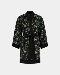 Lost Paradise Robe in BLACK PRINT. Flat lay front view