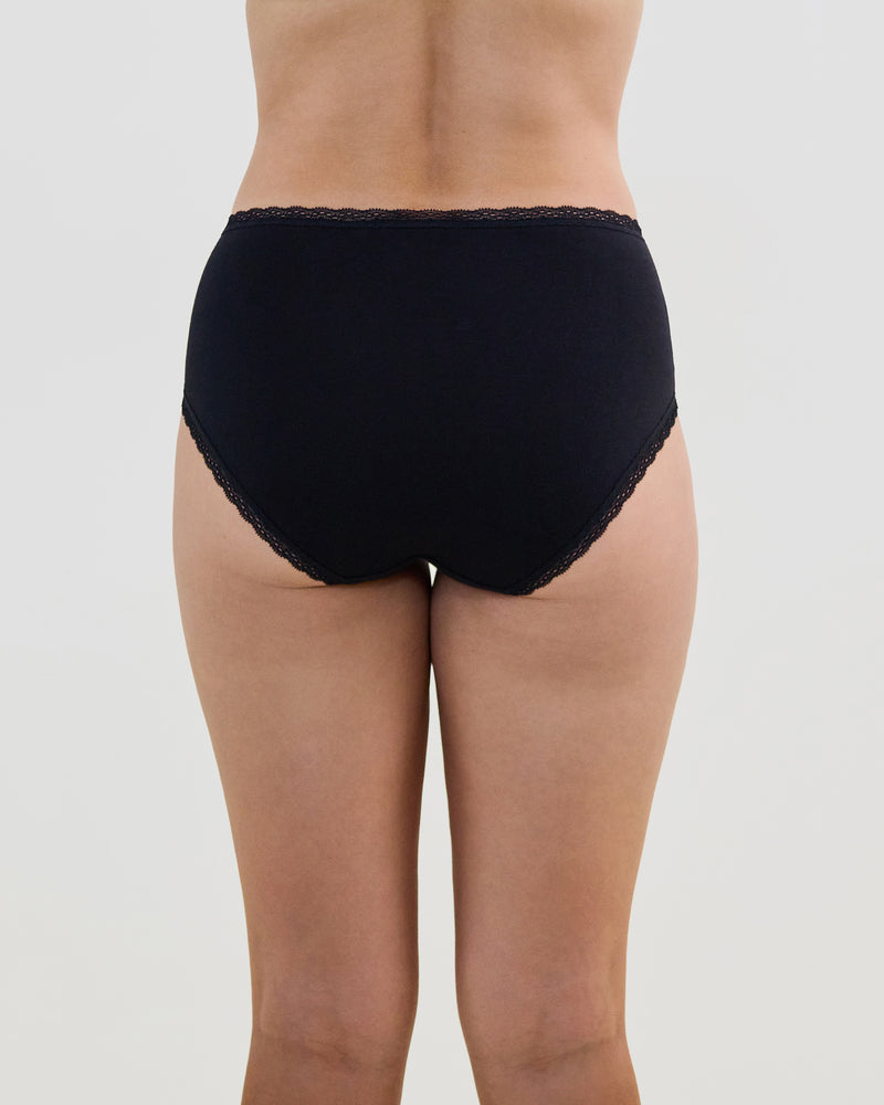 Model wears Stretch Cotton Full Brief in BLACK. On body back view