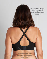 Model wears Power Underwire Bra in BLACK. On body back view