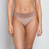 Model wears Lace Trim High Cut Brief in MOCHA. On body front view