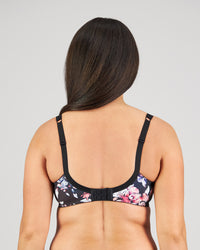 Model wears Wild Violet Underwire Bra in DARK FOLKLORE PRINT. On body back view